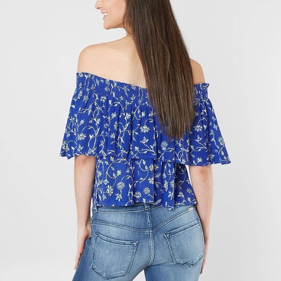 Amuse Society In Your Dreams Blue Floral Gauze Crop Off Shoulder Top Small - Picture 2 of 9